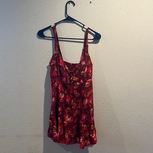 Red floral medium flowy shirt, good condition, worn before